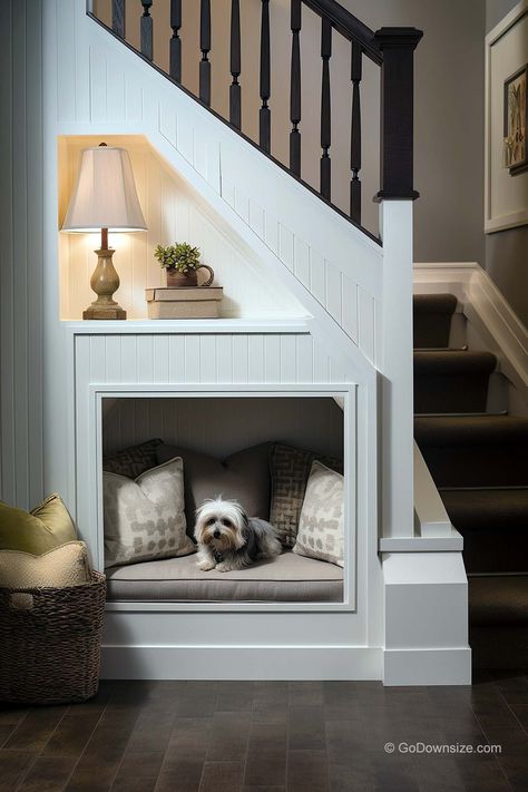 Under-Stairs Dog Rooms That Work Really Well | GoDownsize Dog Nooks, Dog Bed Under Stairs, Under Stairs Dog Room, Dog Room Under The Stairs, Dog Spaces In House, Under Stairs Reading Nook, Stairs Reading Nook, Dog Under Stairs, Ideas Under Stairs