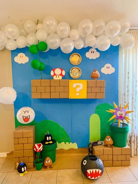 Diy Mario Backdrop, 4th Birthday Party For Boys Mario, Mario Theme Decor, Mario And Luigi Decorations, Mario Cart Theme Party, Mario Float Ideas, Super Mario Party Birthday, Super Mario Birthday Decor, Mario Brothers Party Ideas