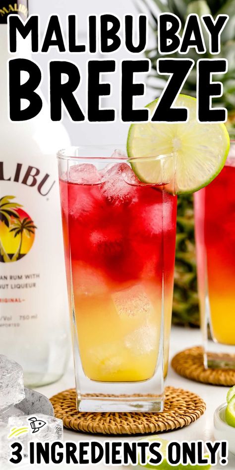 Our Malibu Bay breeze is a tropical cocktail made with pineapple juice, coconut rum, and cranberry juice for a refreshingly sweet and tart taste. Malibu Pineapple Cranberry, Malibu Breeze Drink, Jungle Juice With Malibu Rum, Summer Malibu Drinks, Drinks Alcohol Recipes With Malibu, Malibu Paradise Drink, Drinks Alcohol Recipes Malibu, Malibu And Pineapple Juice Recipes, Vodka Malibu Drinks