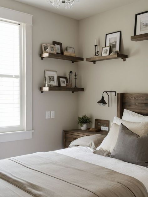 Place the bed against the longest wall to optimize space. Add floating shelves on either side for additional storage and mount a wall sconce above each shelf as a stylish lighting solution. Bedroom Bed Placement, Small Bedroom Bed, Bed Placement, Long Walls, Optimize Space, Stylish Lighting, Space Saving Solutions, Bedroom Bed, Small Bedroom