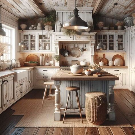 Country Cottage Kitchen Cabinets, Country Kitchen Counter Decor Ideas, Big Country Kitchen, Country Cottage Kitchen Ideas, Rustic Country Kitchen Designs, Rustic White Kitchen, Warm Cozy Kitchen, White Rustic Kitchen, Farmhouse Kitchen Island Ideas