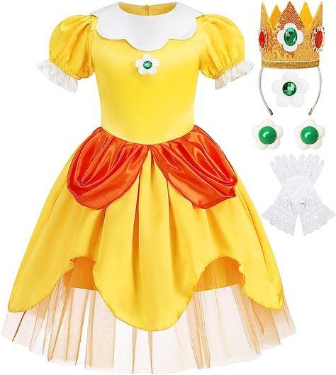 Oskiner Princess Peach Costume for Girls,Super Brothers Princess Peach Dress for Kids Cosplay Halloween Party Dress Up Princess Daisy Costume, Yellow Princess Dress, Princess Peach Dress, Daisy Costume, Princess Peach Costume, Addams Dress, Peach Costume, Yellow Long Dress, Costume For Girls