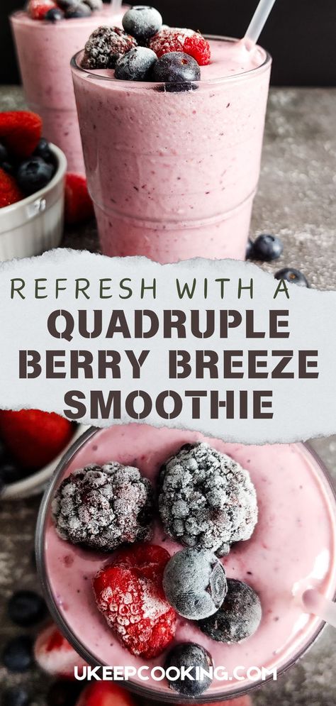 Refresh with our Quadruple Berry Breeze Smoothie! 🍓🫐🍇 Blending strawberries, raspberries, blueberries, and blackberries, this smoothie is a burst of fruity goodness perfect for any time of day. Sip on this vibrant, nutrient-packed drink for a refreshing and energizing treat! Whey Protein Smoothie Recipes, Blueberry Yogurt Smoothie, Blackberry Smoothie Recipes, Berry Smoothie With Yogurt, Whey Protein Smoothies, Lush Desserts, Drinks Refreshing, Pomegranate Smoothie, Blackberry Smoothie