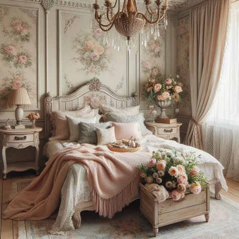 Shabby Bedroom Ideas, Grandmacore House Bedroom, Aesthetic Vintage Room Ideas, French Romantic Bedroom, French Classic Bedroom, Elegant Bedroom Ideas Classy, Vintage Bedroom Ideas Victorian, French Shabby Chic Bedroom, Shabby Chic Bedrooms On A Budget