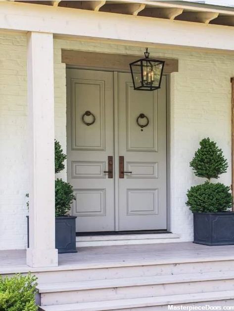 Solid Front Door featuring a Light Grey Double Rectangular Composite Wood Door with No Glass and Iron Knockers Double Front Entry Doors, Double Door Entryway, Front Door Inspiration, Double Door Entrance, Kate Marker Interiors, Front Door Styles, Door Colors, Double Front Doors, Double Entry Doors