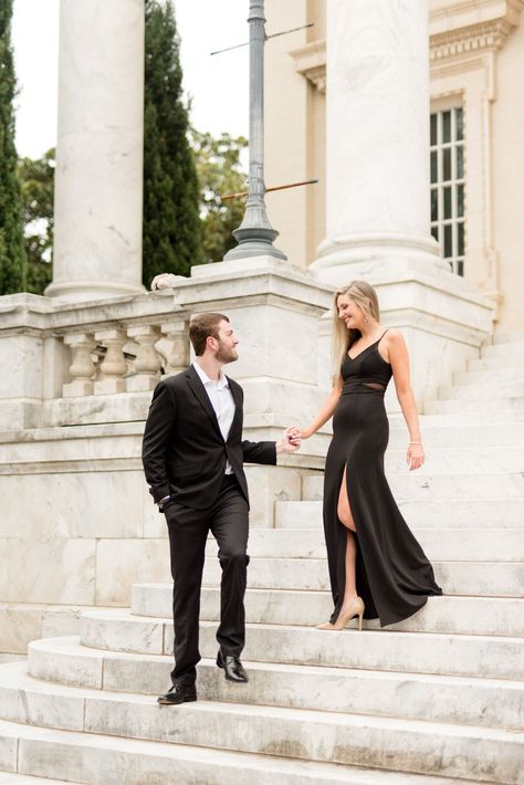 Wedding Stair Poses, Couple Picture Ideas Dressed Up, Engagement Photos Formal Classy, Formal Prewedding Photo Ideas, Couple Pose Stairs, Stair Poses Photography Couples, Alabama Engagement Photos, Wedding Poses Stairs, Couple Photoshoot Poses Formal