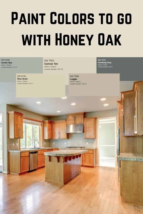 Some of the best paint colors to go with honey oak trim, cabinets, and flooring. #honeyoak #paintcolors #interiordesign #woodcabinets #trim Dark Lower Cabinets Wood Upper, Lime Wash Honey Oak Cabinets, Honey Oak Wainscoting, Paint Colors For Orange Oak Cabinets, What Color Floor With Honey Oak Cabinets, Lvp Flooring With Honey Oak Cabinets, Agreeable Gray With Honey Oak Cabinets, Modern Honey Oak Kitchen, Paint Colors That Go With Honey Oak