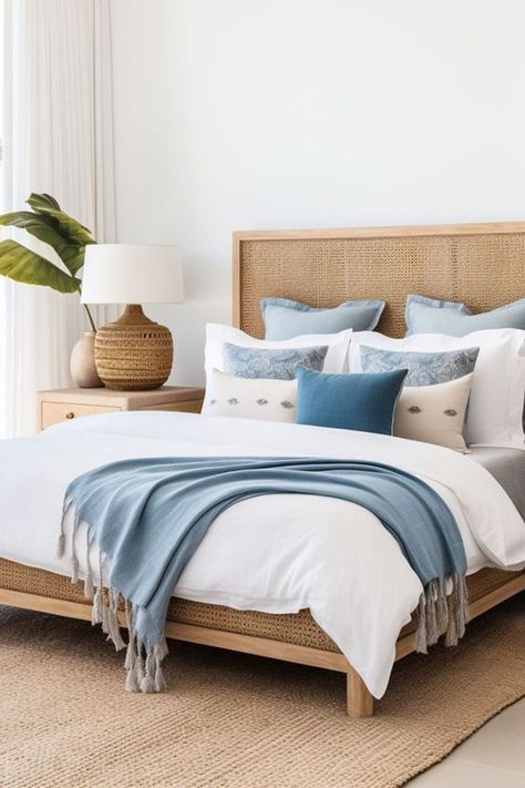 Blue White Bedding Ideas, Beach House Interior Coastal Cottage Blue And White, Rattan Headboard Bedroom Decor, Beach House Beds, Cream And Blue Bedding, Coastal Bedroom Modern, Blue White Apartment, Blue And Rattan Bedroom, Blue Boho Bedroom Decor