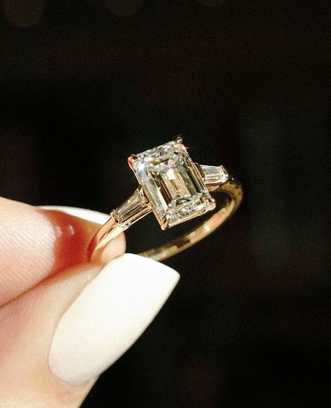 Easy, breezy baguettes that are simply gorgeous 🥖💎⁠ ⁠ Our highest set three-stone ring is built to stack with any wedding band it may… | Instagram Emerald Cut Moissanite Engagement Ring, Engagement Ring Solitaire, Future Engagement Rings, Emerald Cut Engagement, Moissanite Wedding Ring, Moissanite Engagement Ring Solitaire, Image 3d, Emerald Cut Moissanite, Emerald Cut Rings