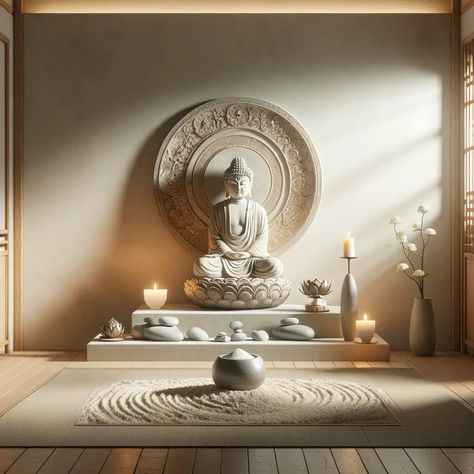 How to Set Up a Spiritual Altar: An In-Depth Guide - Crystal Sand Tarot Meditation Decor Zen Space, Buddhist Altar Design, Buddhist Altar Home Ideas, Gohonzon Altar, Zen Home Design, Buddhist Temple Interior, Buddhist Meditation Room, Home Yoga Studio Ideas, Hindu Altar