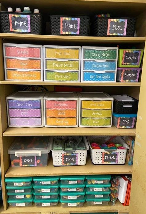 Preschool Supplies Organization, Daycare Cabinet Organization, Preschool Storage Classroom Organization, Teacher Shelf Organization Ideas, Supply Storage For Classroom, Trs Classroom Set Up, Daycare Craft Organization, Monthly Classroom Organization, Paper Organizer Classroom