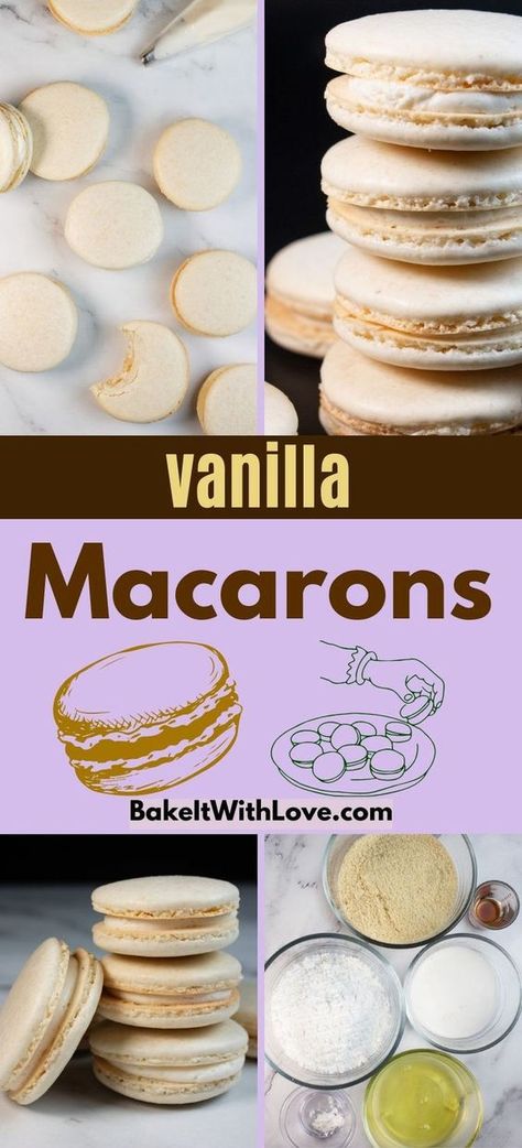 Making vanilla macarons with my recipe creates perfectly delicious macarons whether you are a beginner or an expert baker. They feature sweet vanilla buttercream that has been sandwiched between two light and airy vanilla shells. Get the best recipe at BakeItWithLove.com #macarons #macaronage #baking #sweets #cookies Vanilla Macaron Recipe, Vanilla Macaron Recipes, 2023 Cookies, Macarons Easy, Vanilla Macarons, Tea Remedies, Macaron Flavors, Monster Cookie, Tea Time Food