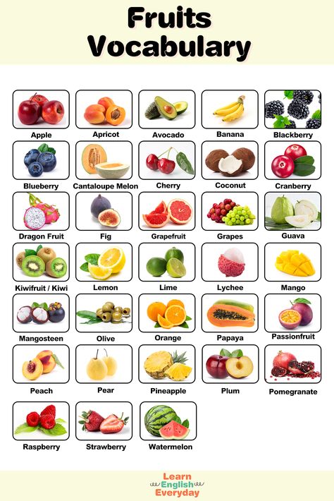 In this video, you'll learn the names of 33 Fruits Vocabulary in English. if you like my video please Subscribe to my channel and click the bell icon to get new video updates. #fruits #fruitsvocabulary #vocabulary #englishconversation #learnenglish #english Fruit Vocabulary, Fruits And Vegetables Names, Fruits Photography, Health Fruits, Fruits Name In English, Healthy Food Chart, Vocabulary In English, Plants Worksheets, Trinidad Recipes