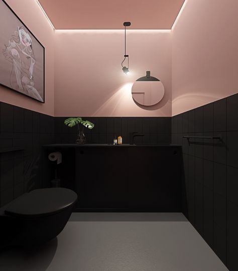 Black White And Blush Bathroom, Pink Toilet Ideas, Black Pink Bathroom Ideas, Pink And Black Toilet, Bathroom Pink And Black, Black White And Pink Salon Ideas, Blush Pink And Black Bathroom, Rose Pink And Black Bedroom, Pink Black Bathroom Ideas