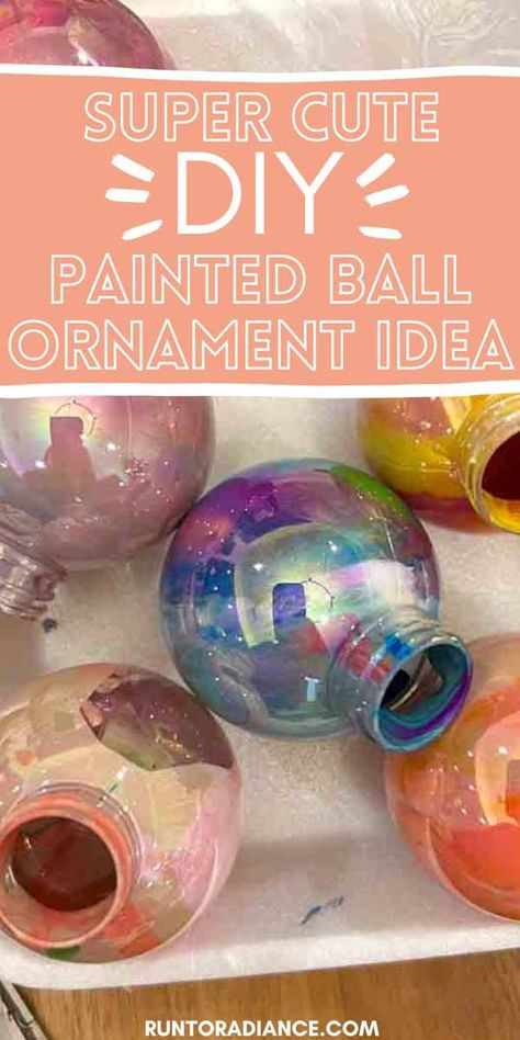 These homemade ornaments could not be easier to make or provide a cuter result! Great for kids, girls' night, or anything in between - all you need is some colorful paints, clear ornament balls, and some creative flair for beautiful marbled painted ornaments! Kids Bulb Ornaments Craft Ideas, Homemade Plastic Ball Ornaments, Homemade Snowglobe Ornaments, Homemade Beaded Christmas Ornaments, Decorating Plastic Ornament Balls, Glass Ball Ornament Crafts, Christmas Bulb Ornaments Diy Kids, Paint In Clear Ornaments Glass Ball, Diy Bulbs Ornaments