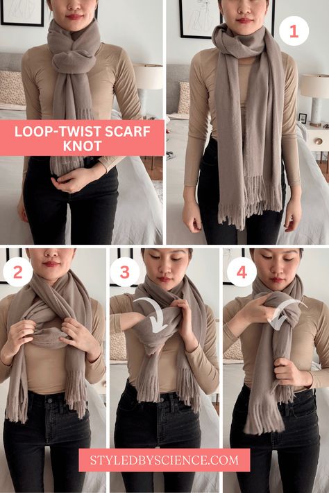 2 Classy & Easy Ways to Tie a Winter Scarf - Styled by Science Ways To Tie A Winter Scarf, Scarf With Coat Winter, Winter Scarf Styles, Winter Scarf Tying, How To Tie A Scarf, How To Fold Scarf, Winter Knit Scarf, Winter Scarf Fashion, Ways To Tie Scarves