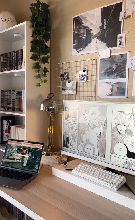 Room Set Up Ideas Aesthetic, Shelf Desk Decor, Anime Aesthetic Apartment, Totoro Bedroom Decor, Aesthetic Room Anime Decor, Anime Board Ideas, Asian Desk Aesthetic, Japanese Anime Room, Studio Ghibli Themed Room Aesthetic