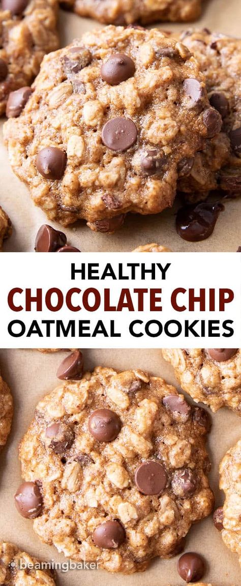 Easy Healthy Oatmeal, Healthy Oatmeal Chocolate Chip Cookies, Chocolate Chip Oatmeal Cookies Healthy, Chocolate Chip Cookies Vegan, Oat Chocolate Chip Cookies, Chocolate Chip Oatmeal Cookies, Oatmeal Chocolate Chip Cookie Recipe, Healthy Chocolate Chip Cookies, Vegan Oatmeal