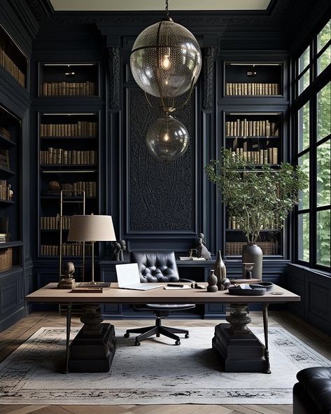 Dark Moody Study, Mens Study Office, Moody Home Library, Modern Masculine Office, Monochromatic Office, Home Office Masculine, Dark Home Office, Moody Maximalist, Moody Office