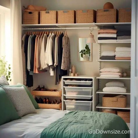 This minimalist bedroom keeps its vanity and storage area by the wall with open shelves, containers, and a rod to hang clothes on. Small Bedroom With No Closet, Bedroom With No Closet, Small Bedroom Makeover Ideas, Exposed Closet, Creative Small Bedroom, Small Bedroom Makeover, Bedroom Makeover Ideas, No Closet, Organization Ideas