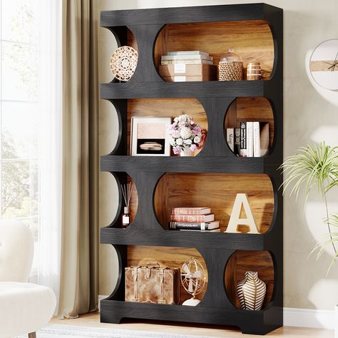 S-Shaped Etagere Bookcase, 4-Tier Wood Bookshelf, 71" Modern Decorative Display Shelf, Free-Standing Book Shelf For Living Room, Bedroom, Home Office Bookcase Freestanding, Bookshelves Design, Bookshelf Wood, Unique Bookshelves, Bookcase Display, Library Bookshelves, Tall Bookcase, Mini Library, Future Room