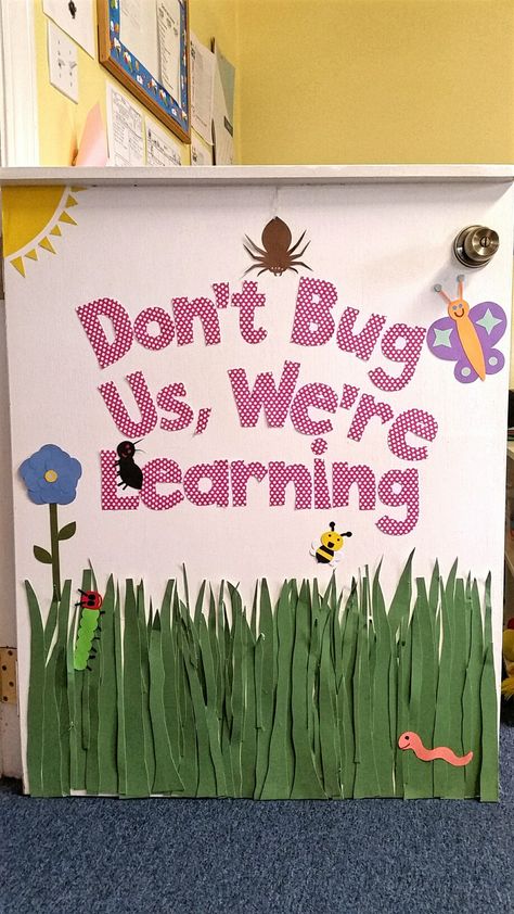 "Don't bug us, we're learning" spring classroom door. Spring Class Art Project, Spring Butterfly Door Decorations Classroom, Spring Themed Door Decorations Classroom, Garden Door Ideas Preschool, Butterfly Preschool Classroom Decor, Garden Theme Classroom Ideas, Bugs Door Decorations Classroom, Spring Pre K Door Ideas, April Classroom Themes