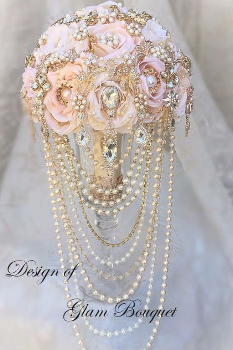 Custom Blush Pink/Ivory Pearl Cascading Bridal Brooch Bouquet - $565.00 *  Full Price is $565.00 (30" in circumference size)  - Deposit to Place this Order is - Glam Bouquet, Cascading Brooch Bouquet, Pearl Brooch Bouquet, Gold Wedding Bouquets, Rose Gold Bouquet, Summer Promo, Gold Bouquet, Jeweled Bouquet, Bridal Brooch