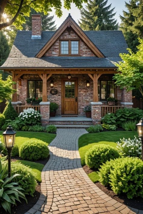 Cottage Style Brick House, Cute Small Brick House, New Build Brick House, Tiny Brick House Exterior, New England Brick House, Houses Before And After, Romantic Cottage Exterior, Brick Cabin House, Brick Rustic House