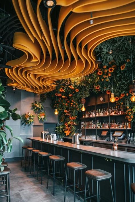 Creative Bar Ceiling Ideas to Elevate Your Space Ceiling Designs For Restaurants, Bar Ceiling Ideas, Ceiling Design Restaurant, Bar Ceiling Design, Bar Ideas For Restaurants, Restaurant Ceiling Design, Unique Bar Design, Lounge Bar Design, Unique Restaurant Interior