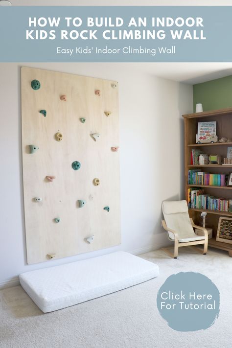 Easy tutorial for kid's indoor climbing wall Playroom With Dark Walls, Neutral Rock Climbing Wall, Plywood Climbing Wall, Playroom Wall Climbing, Playroom Ideas Climbing Wall, Diy Basement Rock Climbing Wall, Rockwall In Playroom, Playroom On A Budget Diy, Rock Climbing Wall Kids Room