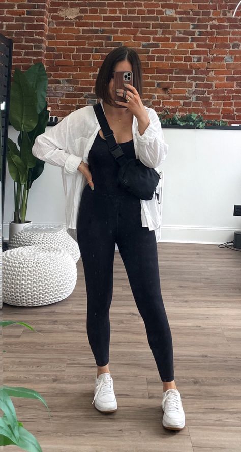 White Shoes Casual Outfit, Comfy Outfits Leggings Summer, White Button Up And Leggings, Relaxed Everyday Outfit, White Button Up With Leggings, All In One Jumpsuit Outfit, Outfit Ideas White Shoes, Legging Onesie Outfit, Jumpsuit Outfit Leggings