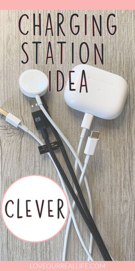 Clever Charging Station Idea: Hide the Cords. Do you have cords EVERYWHERE for the kids and your electronic devices? This simple solution will help keep your cords neat, tidy, and out of site! Hidden Charging Station Nightstand, Media Charging Station Diy, Rv Charging Station Ideas, Charging Area In Home, Kitchen Counter Electronics Organization, How To Hide Phone Charger Cords, Hide Charging Station, Phone Charger Storage Ideas, Hide Charging Cords