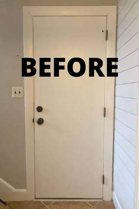 See how she gave her old plain interior door an update for cheap with this quick DIY door upgrade. How to add trim to interior door. Add Trim To Plain Door, Upgrade Flat Doors, Flat Door Upgrade, How To Paint Old Doors, How To Add Trim To Doors, Update Plain Interior Doors, Hollow Core Doors Makeover, Update Flat Doors, Painting Doors And Trim Different Colors