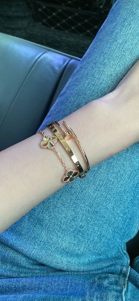 Rose Gold Cartier Love Bracelet Stack, Gold Bracelet Cartier, Love Bangle Cartier, Vca Cartier Stack, Stack Gold Bracelets, Yellow Gold Bracelet Stack, Alhambra Bracelet Stack, Cartier Bracelet Stack Ideas, Vca Stack