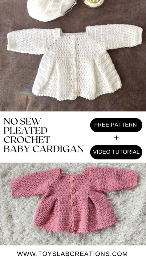 This easy crochet baby cardigan pattern has a pleated detailing that adds to It's beauty. The pleats requires no sewing and are made as you make the cardigan. This free crochet cardigan pattern comes with written pattern and crochet tutorial. Newborn Crochet Cardigan Pattern Free, Crochet Baby Shrug, Crochet Baby Cardigan Free Pattern, Crochet Baby Bonnet, Crochet Baby Jacket, Newborn Crochet Patterns, Handmade Baby Clothes, Crochet Baby Sweater, Baby Cardigan Pattern