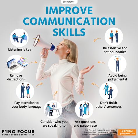 Communicate Your Way To Success 🗣⁣ ⁣ Follow @fingfocus for more tips on everyday success.⁣ ⁣ Do you sometimes feel like your message is getting lost along the way?⁣ ⁣ Effective communication is crucial for business and in our relationships. It's how we express our thoughts and feelings so that others can understand our message. ⁣ ⁣⁣⁣⁣⁣ #FingFocus #focus #energy #clarity #cognition #nootropics #brainboost #brainhealth #healthymind #Communication #speech #bodylanguage #askquestions #paraphrase Effective Business Communication, Improve Communication Skills Activities, How To Improve Communication Skills Tips, How To Develop Communication Skills, Effective Communication Skills Business, How To Improve Communication Skills, Communication Skills Activities, Office Communication, Business Communication Skills