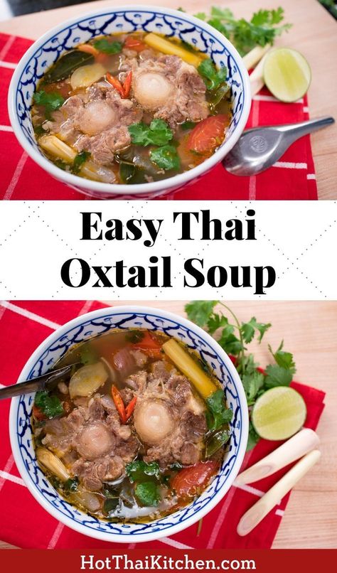 This easy Thai oxtail soup recipe is healthy and so comforting! The perfect winter or fall dish, and the ultimate comfort food. You can cook it stove top, or use your crockpot or instant pot to make it a bit easier for you! #oxtailsoup #lowcarb #paleo #glutenfree #thaifood #comfortfood Essen, Oxtail Soup Recipe, Oxtail Recipes Easy, Oxtail Soup, Oxtail Recipes, Cambodian Food, Laos Food, Thailand Food, Thai Cooking