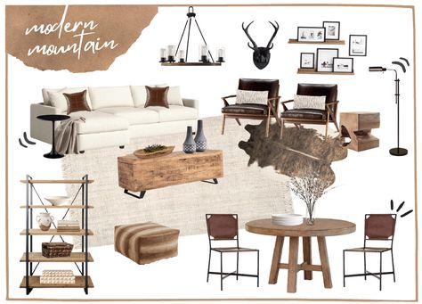 Modern Mountain Home Mood Board, Modern Cabin Mood Board, Chic Mountain Home Decor, Modern Rustic Interior Design Natural, Lodge Mood Board, Modern Mountain Home Living Room, Luxe Lodge Decor Interior Design, Modern Rustic Mood Board Interior Design, Modern Cabin Wall Decor