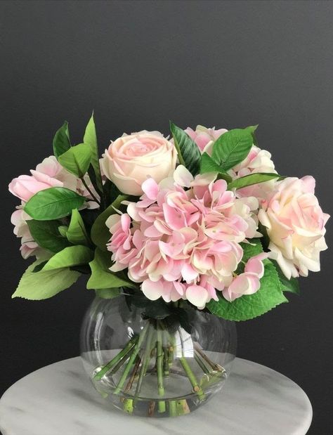 Fish Bowl Vases, Pink Marshmallow, Spring Flower Arrangements, Silk Arrangements, Blush Wedding Flowers, Flower Vase Arrangements, Faux Flower Arrangements, Round Vase, Rose Arrangements