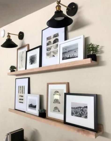 Modern Farmhouse Gallery Wall, Ledge Decor, Farmhouse Gallery Wall, Gallery Shelves, Picture Shelves, Picture Ledge, Wood Photo, Floating Shelf, Birch Wood