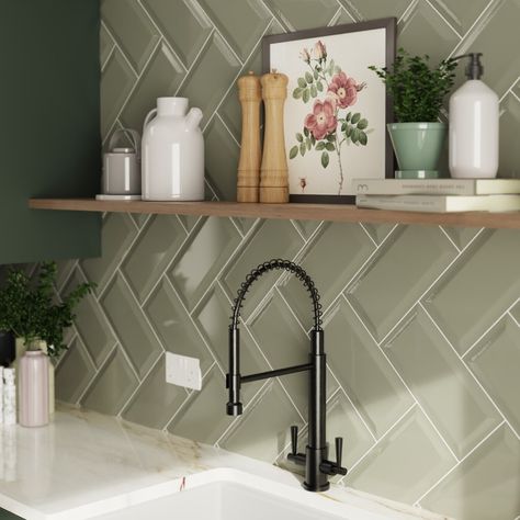 Kitchen Wall Tiles | Wall Tiles for Kitchen | Tile Warehouse Sage Tiles, Sage Tile, Metro Tiles Kitchen, Victorian Terrace Kitchen, Room Revamp, Ceramic Tile Backsplash, Sage Green Kitchen, En Suite Shower Room, Kitchen Layout Plans