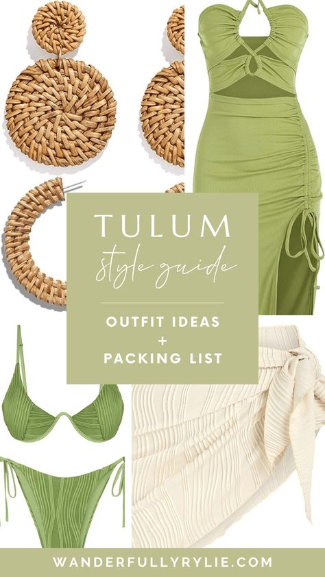 Tulum Packing List: What to Wear, Style Guide & Outfit Ideas | Wanderfully Rylie Tulum Style Clothing, Tequila Sunrise Beach Outfit, What To Pack For Tulum Mexico, Tulum Dinner Outfit, What To Wear In Tulum Mexico, Mexico Club Outfit, Tulum Beach Club Outfits, Tulum Party Outfit, Tulum Night Outfit