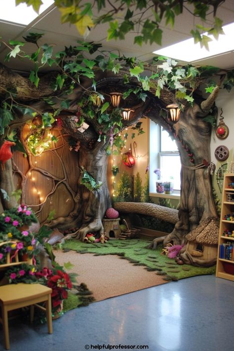 101 Classroom Theme Decoration Ideas (2024) Whimsigoth Classroom, Fantasy Themed Classroom, Fantasy Classroom Theme, Storybook Classroom Theme, Fairy Classroom Theme, Enchanted Forest Classroom Theme, Cottagecore Classroom, Forest Theme Classroom, Library Makeover