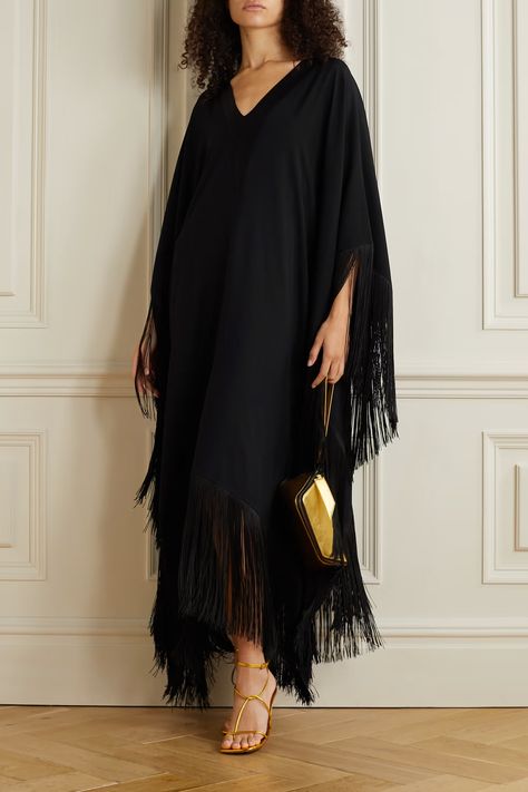 Fringe Kaftan Dress, Kimonos, Fringe Kaftan, Women Kaftan Styles, Abaya Business, Black Kaftan Dress, Taller Marmo, Kaftan Styles, Net Sustain