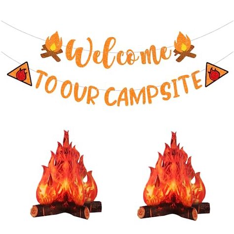 Camping Birthday Party Decorations Diy, Indoor Camping Birthday Party, Camping Party Ideas For Adults, Camp Decorating Ideas, Camping Themed Party Decorations, Camp Pennant, Camping Birthday Party Decorations, Summer Camp Party, Campfire Birthday Party