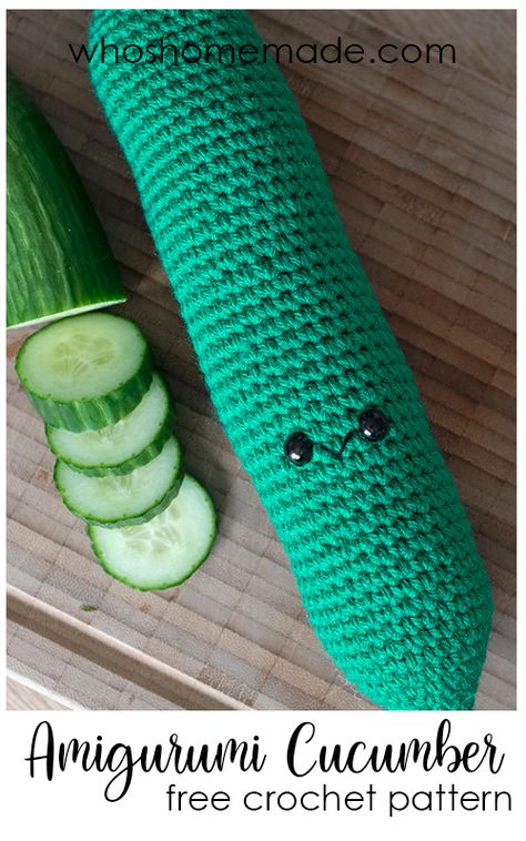 pinterest pin for the cucumber crochet pattern by The Turtle Trunk Crochet Cucumber, Scrap Yarn Crochet, Crochet Fruit, Crochet Toddler, Crochet Dragon, Crochet Food, Crochet Amigurumi Free Patterns, Crochet Goodies, Crochet Amigurumi Free