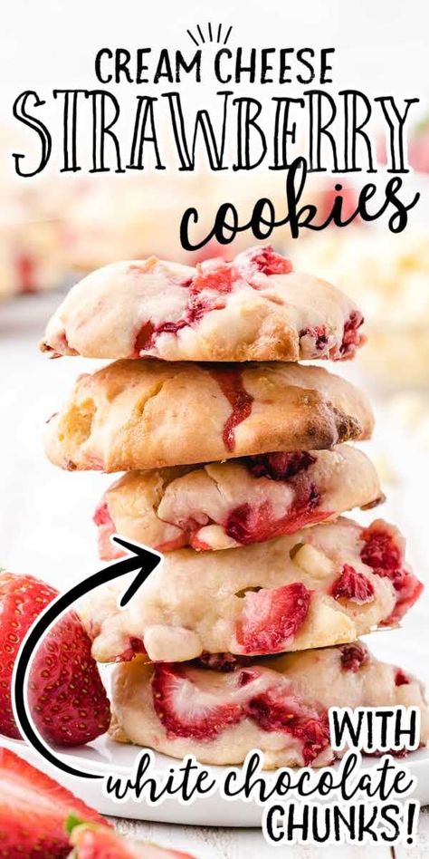 Strawberry Cream Cheese Cookies, Cheese Cookies Recipe, Strawberry Shortcake Cookies, Lemon Cookies Recipes, Soft Cookies, White Chocolate Strawberries, Peanut Butter No Bake, White Chocolate Cookies, White Chocolate Chip Cookies