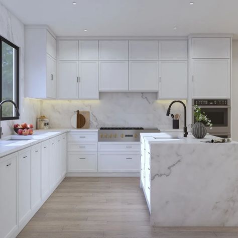 Transform your kitchen with our elegant all-white cabinets featuring a marble-waterfall island. 🤍 The perfect blend of quiet luxury and functionality.😍 Make your kitchen a beautiful oasis✨️ #kitchen #kitchendesign #kitchebdecor #kitchenwhite #luxurykitchen #moderndesign #elegantkitchen Marble Waterfall Island, Quartz Island, Waterfall Island, All White Kitchen, Warm Colour Palette, Elegant Kitchens, White Kitchen Cabinets, Quiet Luxury, Traditional Kitchen