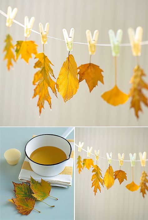 Wax-Preserved Hanging Leaves // via martha stewart Hanging Leaves, Fall Leaf Decor, Autumn Leaves Craft, Diy Wax, Handmade Charlotte, Deco Nature, Leaf Crafts, Cool Art Projects, Fall Crafts Diy