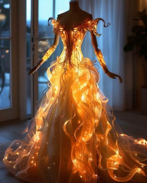 Fire Prom Dress, Dress On Fire, Fantasy Clothes Ideas, Fire Costume Ideas, Fire Themed Dress, Fire Dress Art, Fire Cosplay, Fire Element Costume, Fire Gown